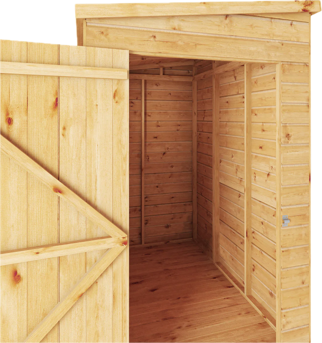 Open Apuldram shed door revealing the timber interior, framing and floor construction