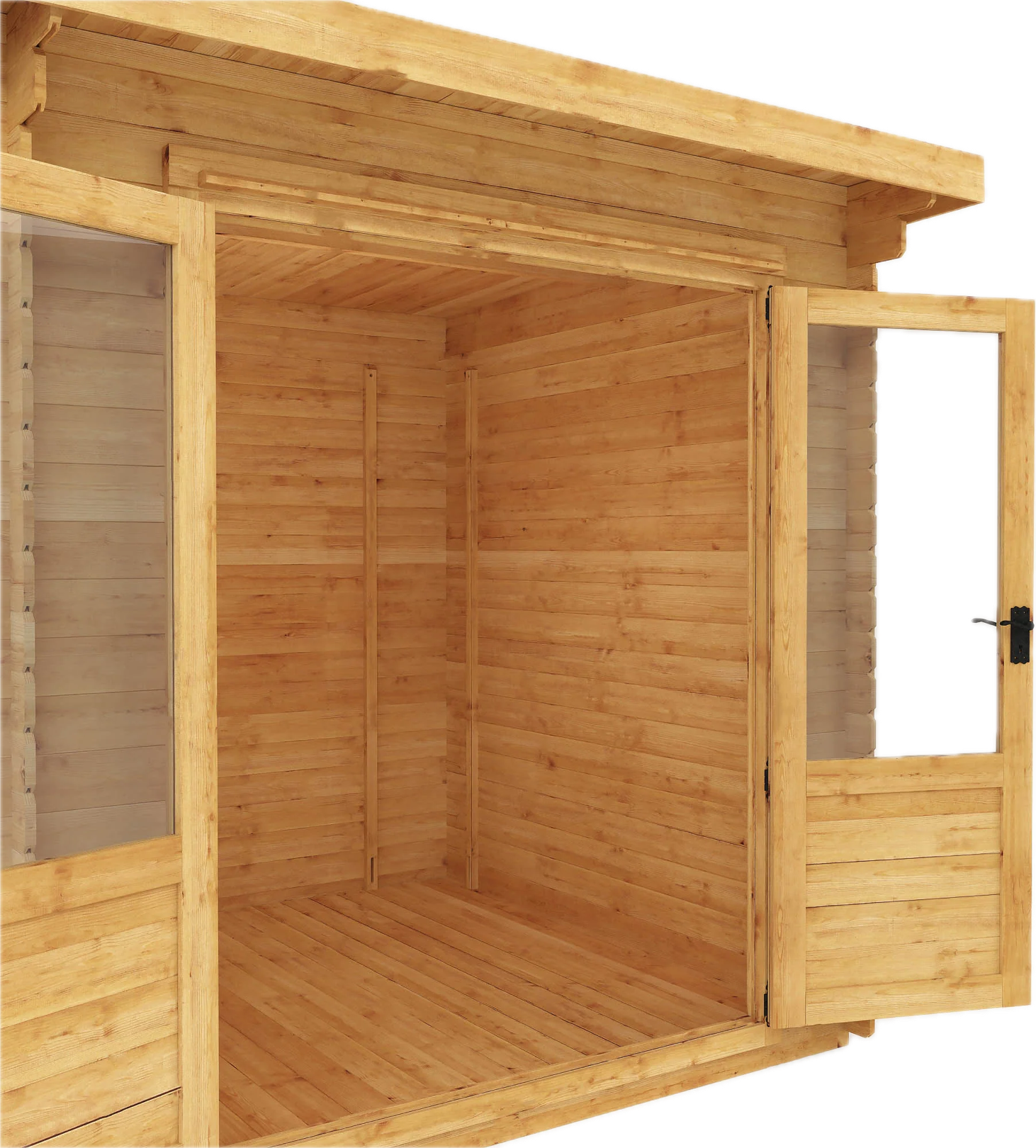 View into the timber cabin interior through its open glazed double doors