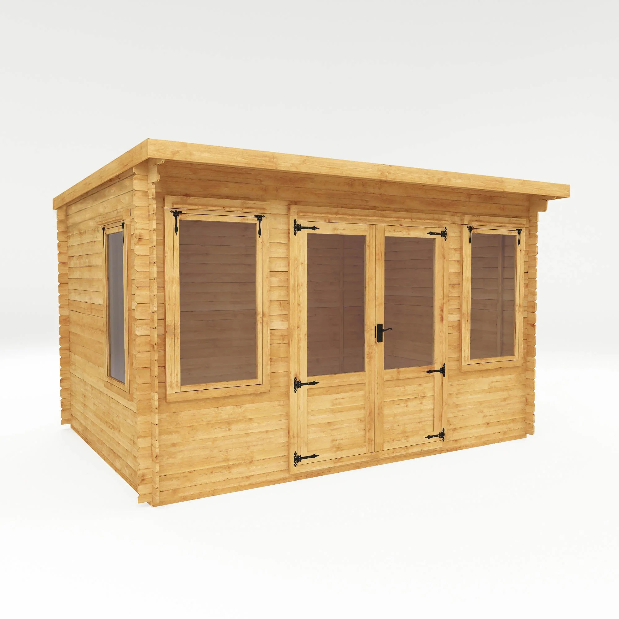 Sussex log cabin with its pent roof, windows and glazed doors
